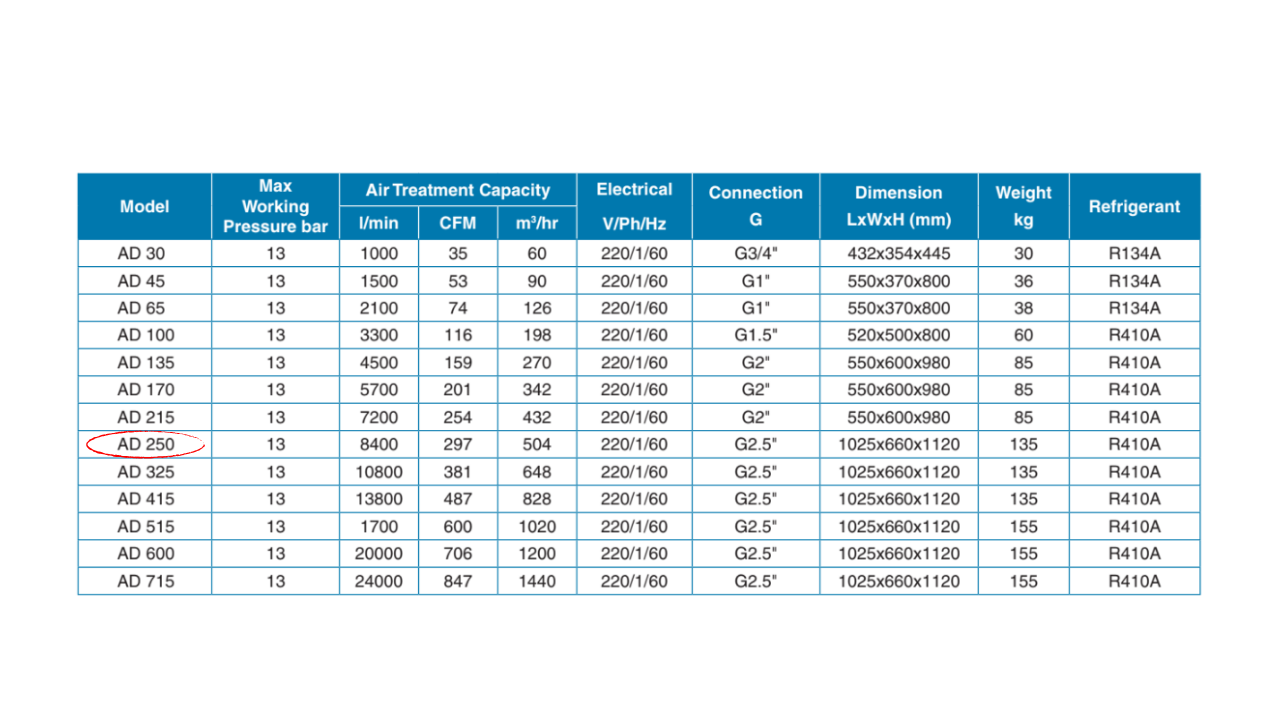 Máy sấy khí Pneumatech AD 250 – 60Hz